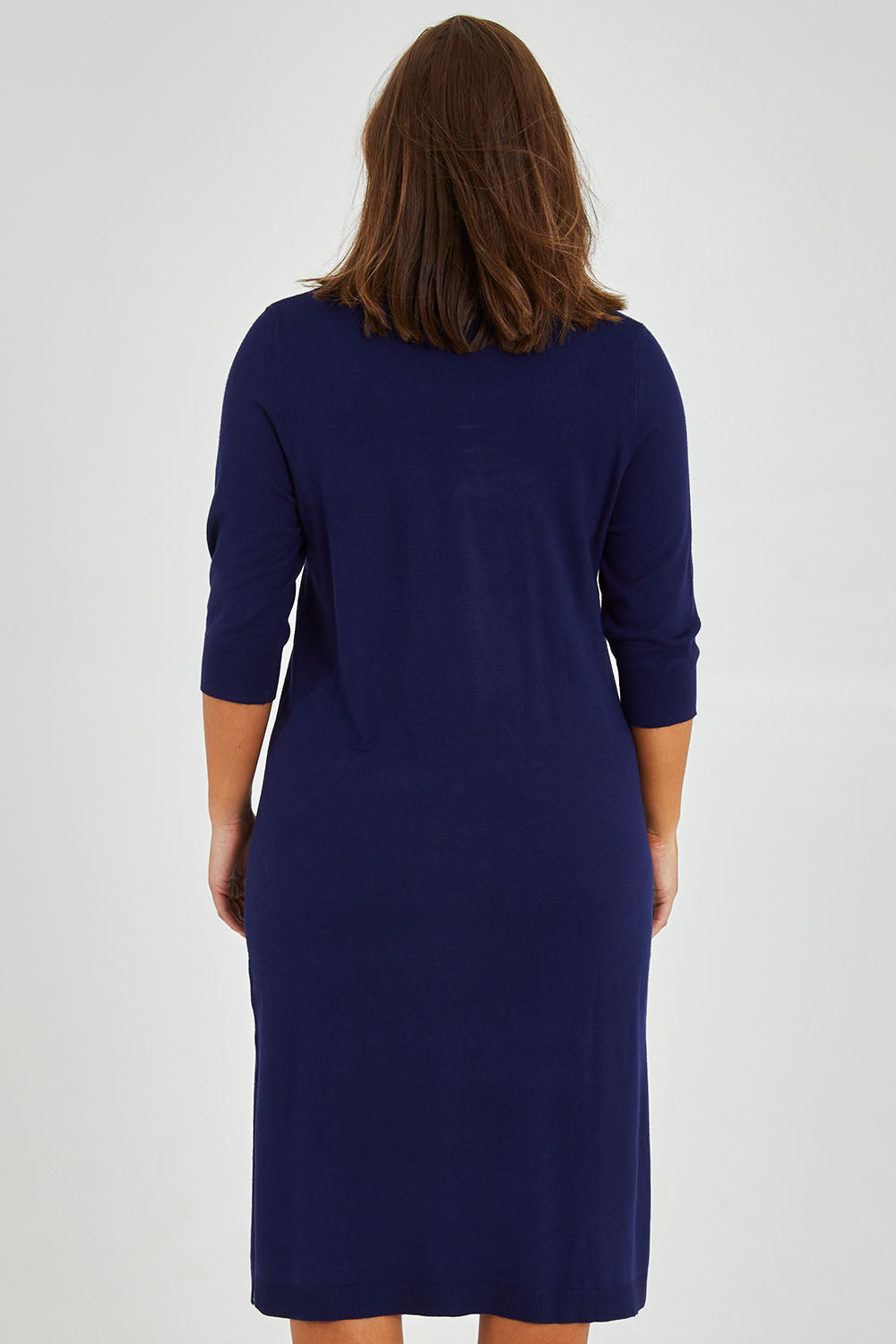 Model Monique wearing size L of The Transeasonal Crew Neck Dress in colour Boysenbery (Blue), from the back