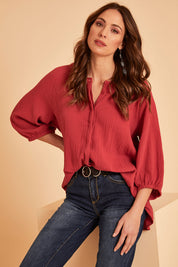 Model Madeline wearing size 10 of The Cotton Crew Neck Shirt in colour Chillired (Red), from the front, showing the whole outfit