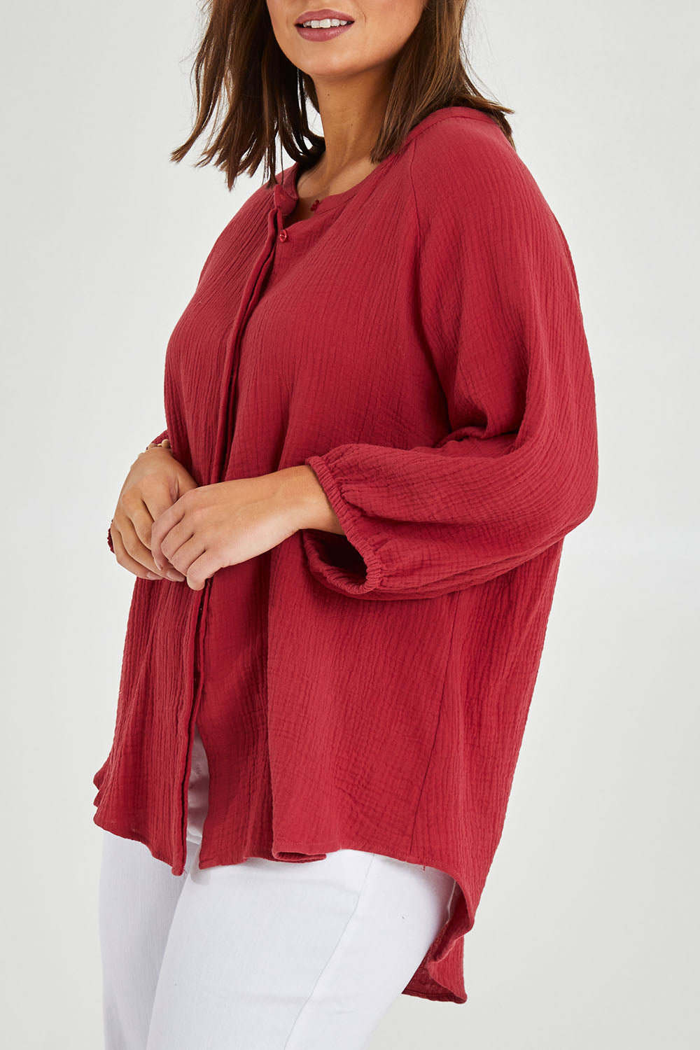Model Monique wearing size 14 of The Cotton Crew Neck Shirt in colour Chillired (Red), from the front, cropped image