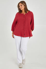 Model Monique wearing size 14 of The Cotton Crew Neck Shirt in colour Chillired (Red), from the front, showing the whole outfit