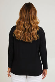 Model Laura wearing size 14 of The Relaxed Satin Bind Tee in colour Black (Black), from the back