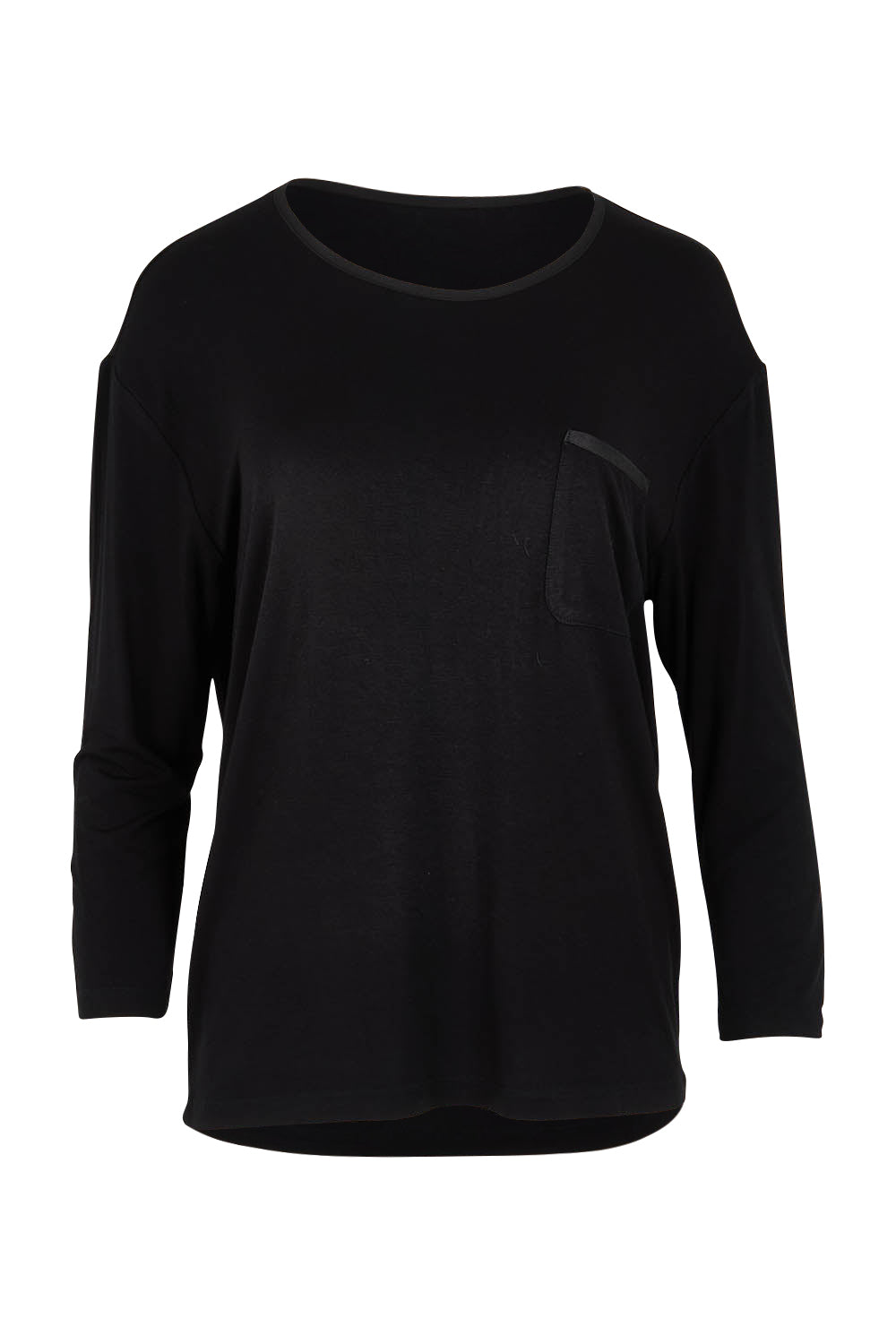 Product shot of The Relaxed Satin Bind Tee in colour Black (Black), from the front