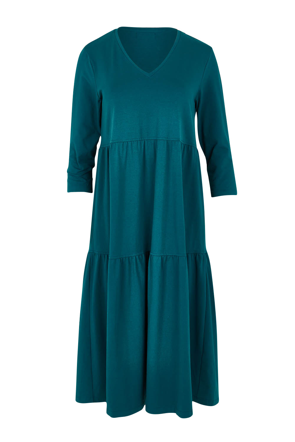 Product shot of The 3/4 Sleeve Tiered Jersey Dress in colour Deepgreen (Green), from the front