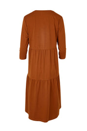 Product shot of The 3/4 Sleeve Tiered Jersey Dress in colour Nutmeg, from the back