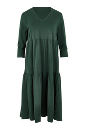 Product shot of The 3/4 Sleeve Tiered Jersey Dress in colour Thymegreen (Green), from the front