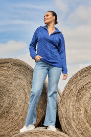 Model Lala wearing size 10 of The Contour Bootleg Jean in colour Lightdenim (Blue), from the front, showing the whole outfit