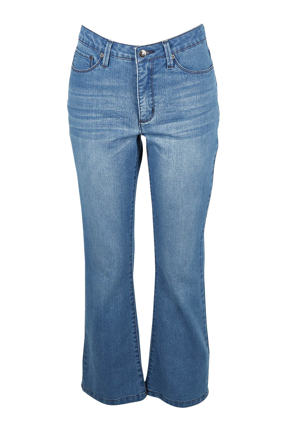 Product shot of The Contour Bootleg Jean in colour Lightdenim (Blue), from the front