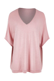 Product shot of The Relaxed V Neck Knit Tee in colour Blushcandy (Pink), from the front