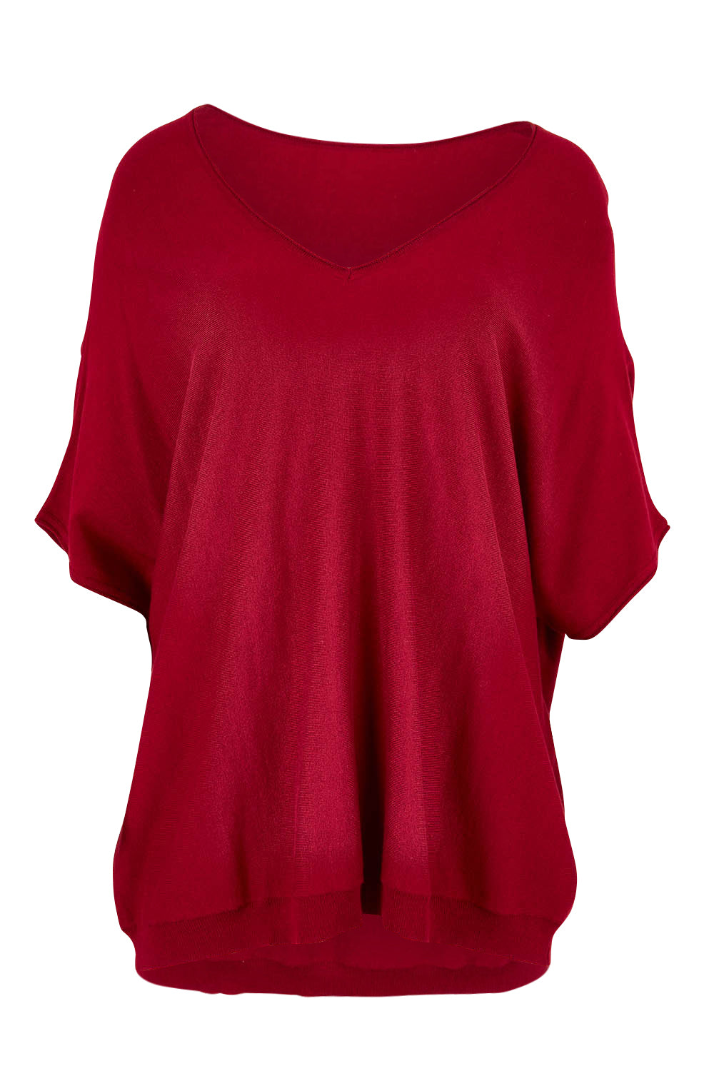 Product shot of The Relaxed V Neck Knit Tee in colour Raspberry (Red), from the front