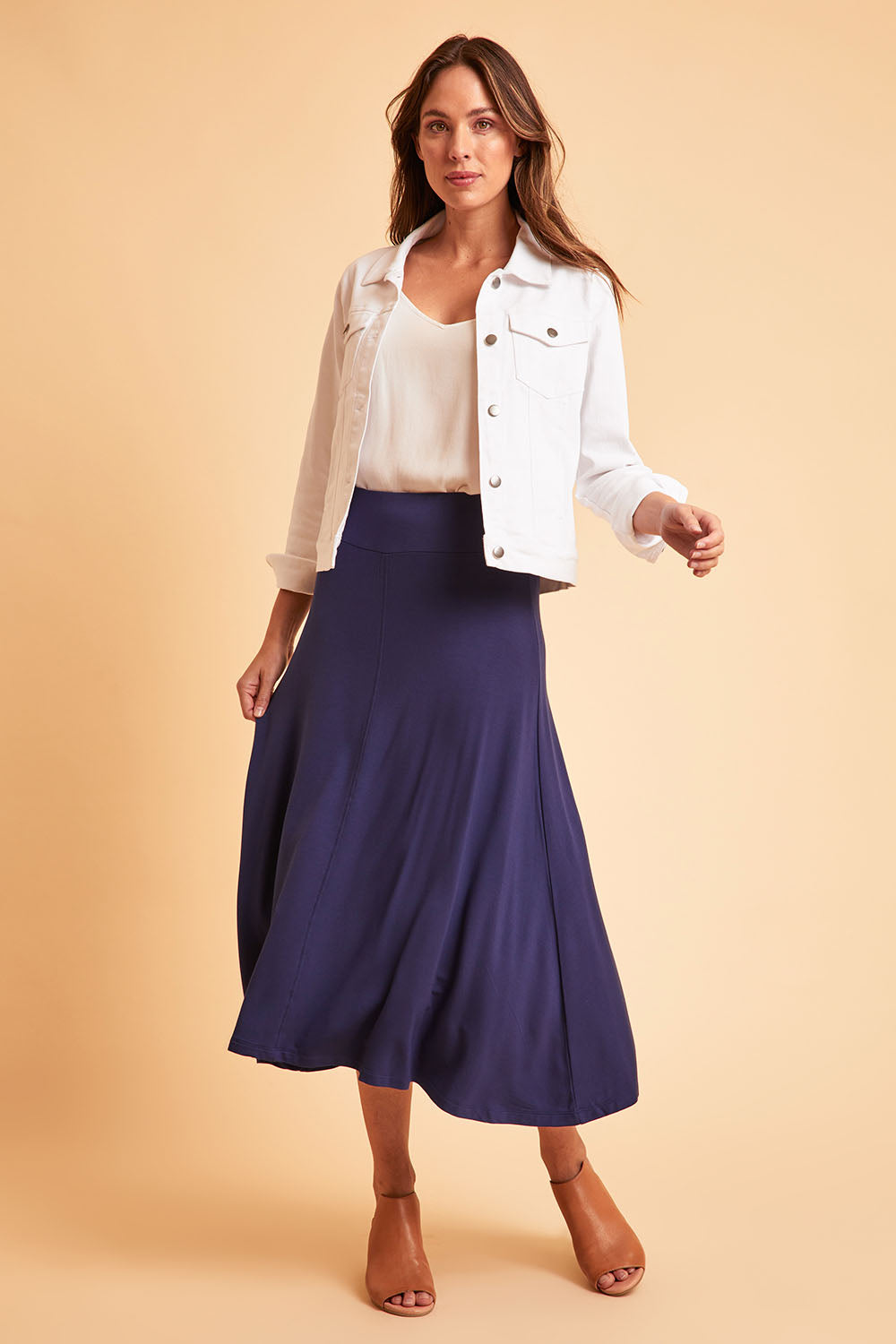 Model Madeline wearing size 10 of The Fit & Flare Summer Skirt in colour Royalblue (Blue), from the front, showing the whole outfit