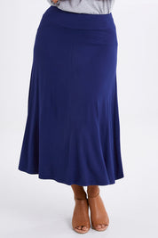 Model Monique wearing size 14 of The Fit & Flare Summer Skirt in colour Royalblue (Blue), from the front, cropped image