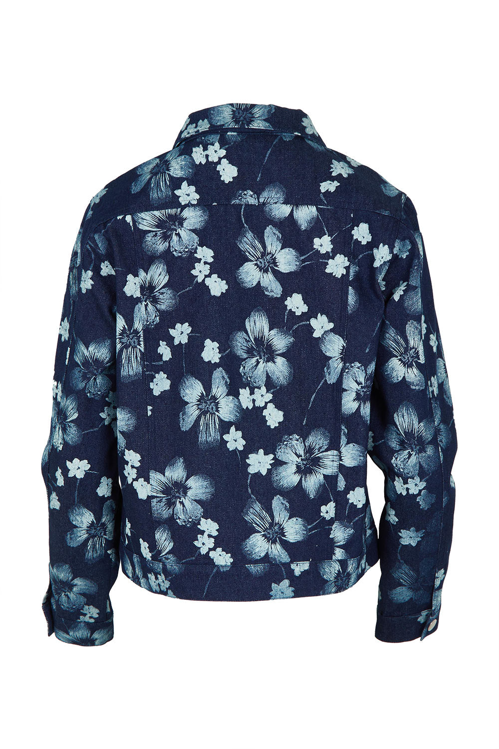 Product shot of The Keepers Printed Denim Jacket in colour Denim (Blue), from the back