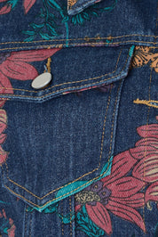 Product shot of The Keepers Printed Denim Jacket in colour Redfloral (Blue), detail