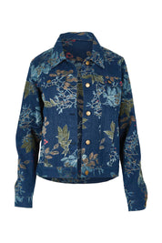 Product shot of The Keepers Printed Denim Jacket in colour Winterblue (Blue), from the front