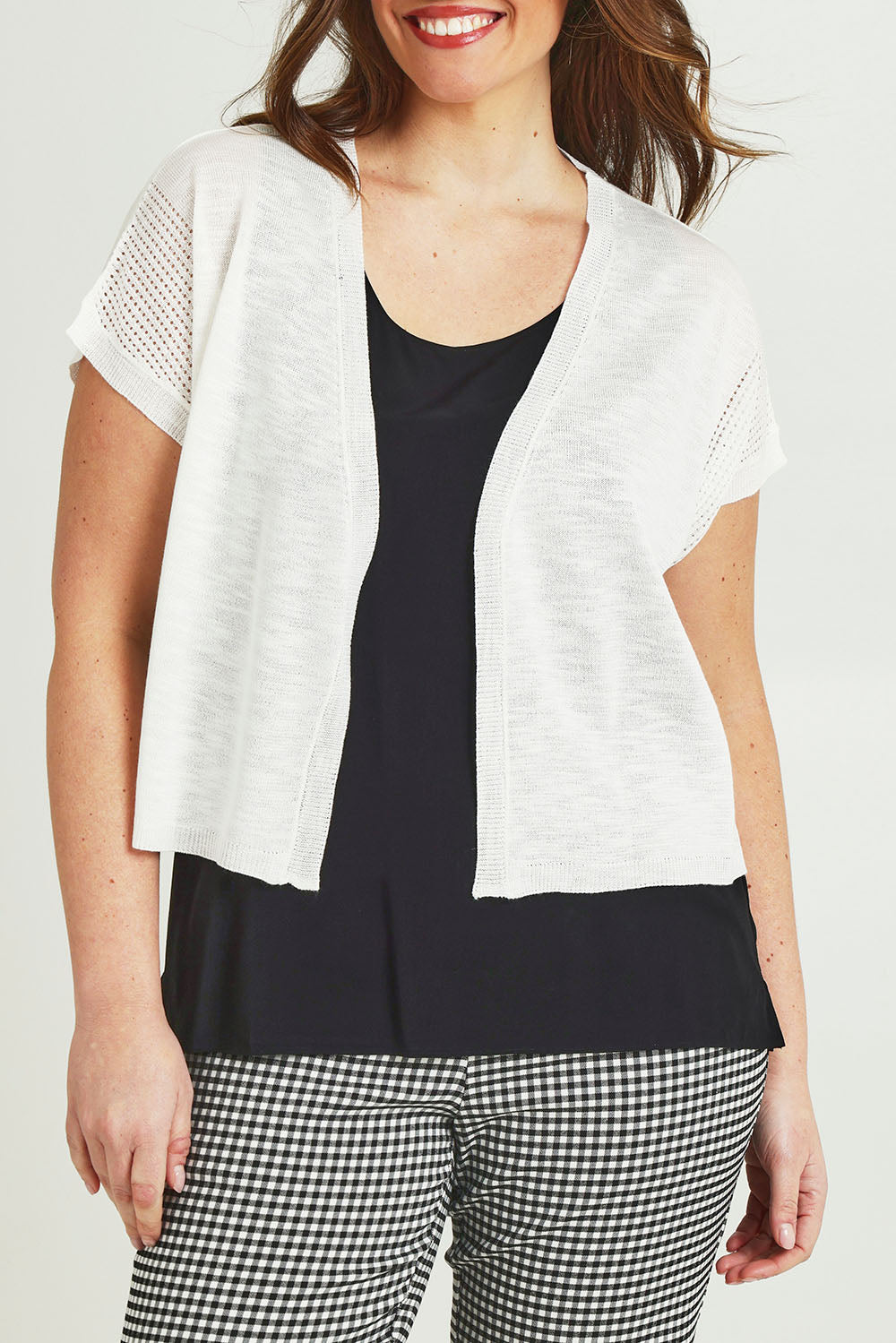 Model Jane wearing size L of The Short Sleeve Shrug in colour White (White), from the front, cropped image