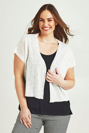 Model Jane wearing size L of The Short Sleeve Shrug in colour White (White), from the front, cropped image