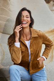 Model Amanda wearing The Keepers Cord Jacket in colour Camel, from the front, showing the whole outfit