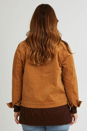 Model Laura wearing size 14 of The Keepers Cord Jacket in colour Camel, from the back