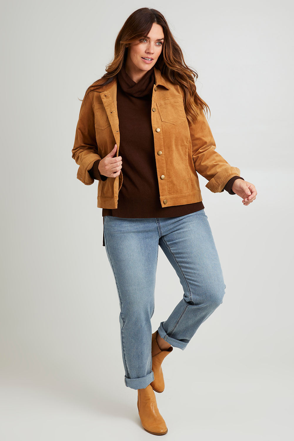 Model Laura wearing size 14 of The Keepers Cord Jacket in colour Camel, from the front, showing the whole outfit