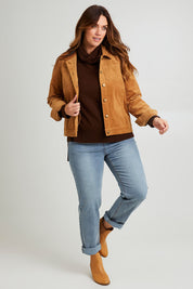 Model Laura wearing size 14 of The Keepers Cord Jacket in colour Camel, from the front, showing the whole outfit