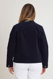 Model Chanel wearing size 16 of The Keepers Cord Jacket in colour Darknavy (Blue), from the back