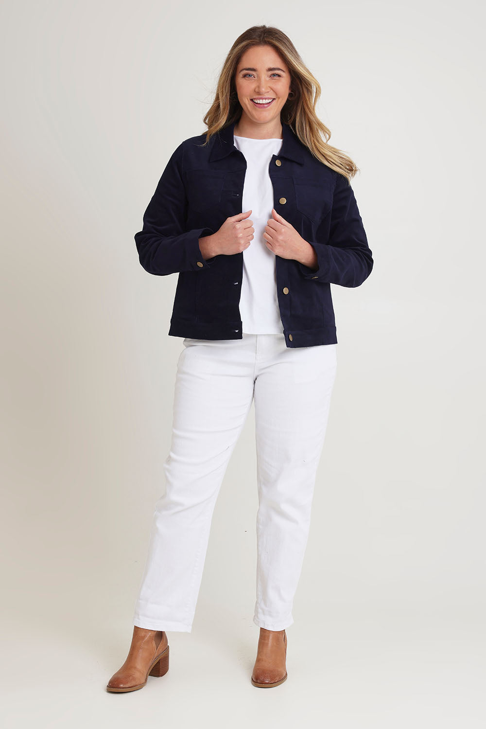 Model Chanel wearing size 16 of The Keepers Cord Jacket in colour Darknavy (Blue), from the front, showing the whole outfit