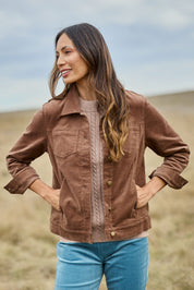 Model Amanda wearing size 10 of The Keepers Cord Jacket in colour Mushroom, from the front, showing the whole outfit