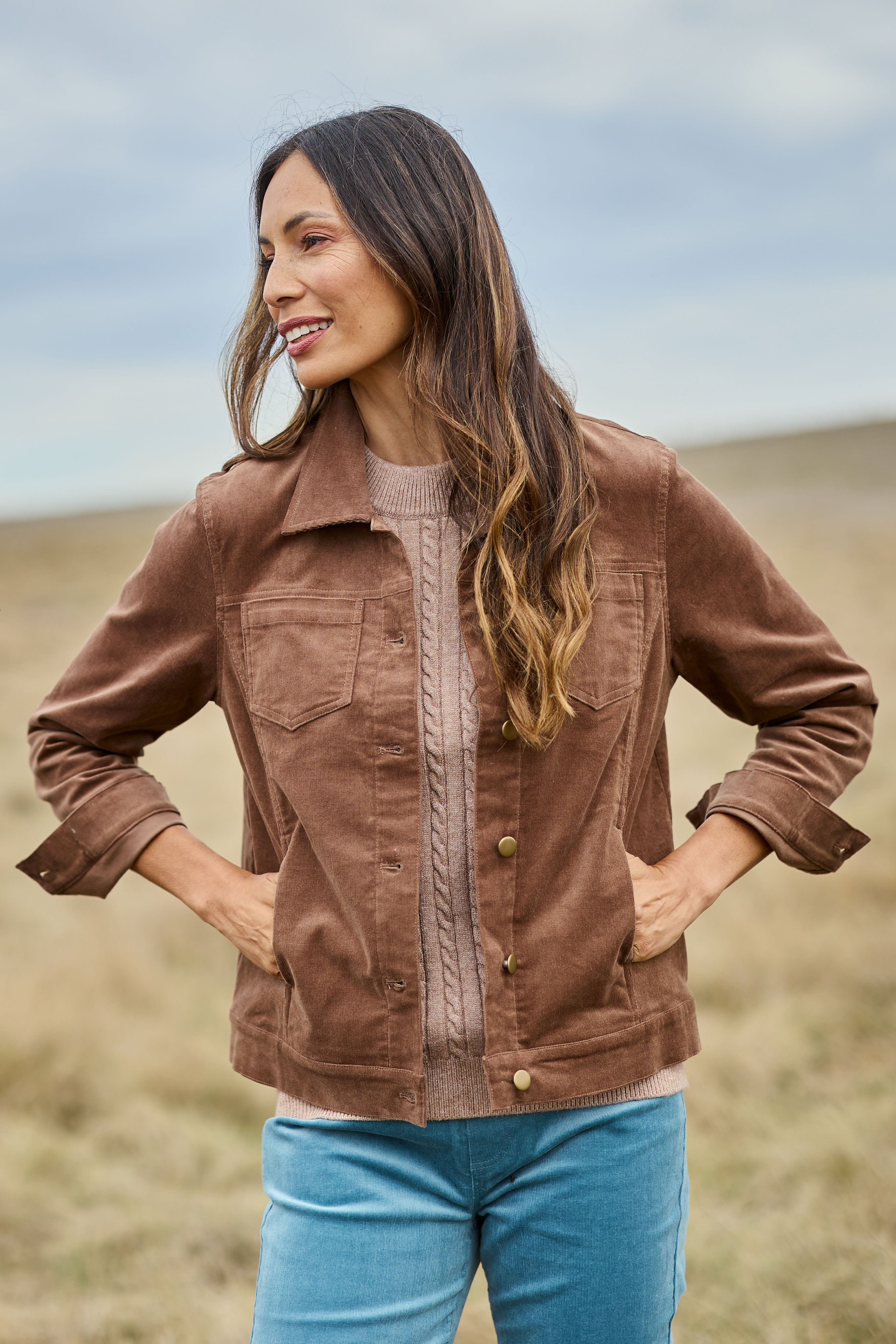Model Amanda wearing size 10 of The Keepers Cord Jacket in colour Mushroom, from the front, showing the whole outfit
