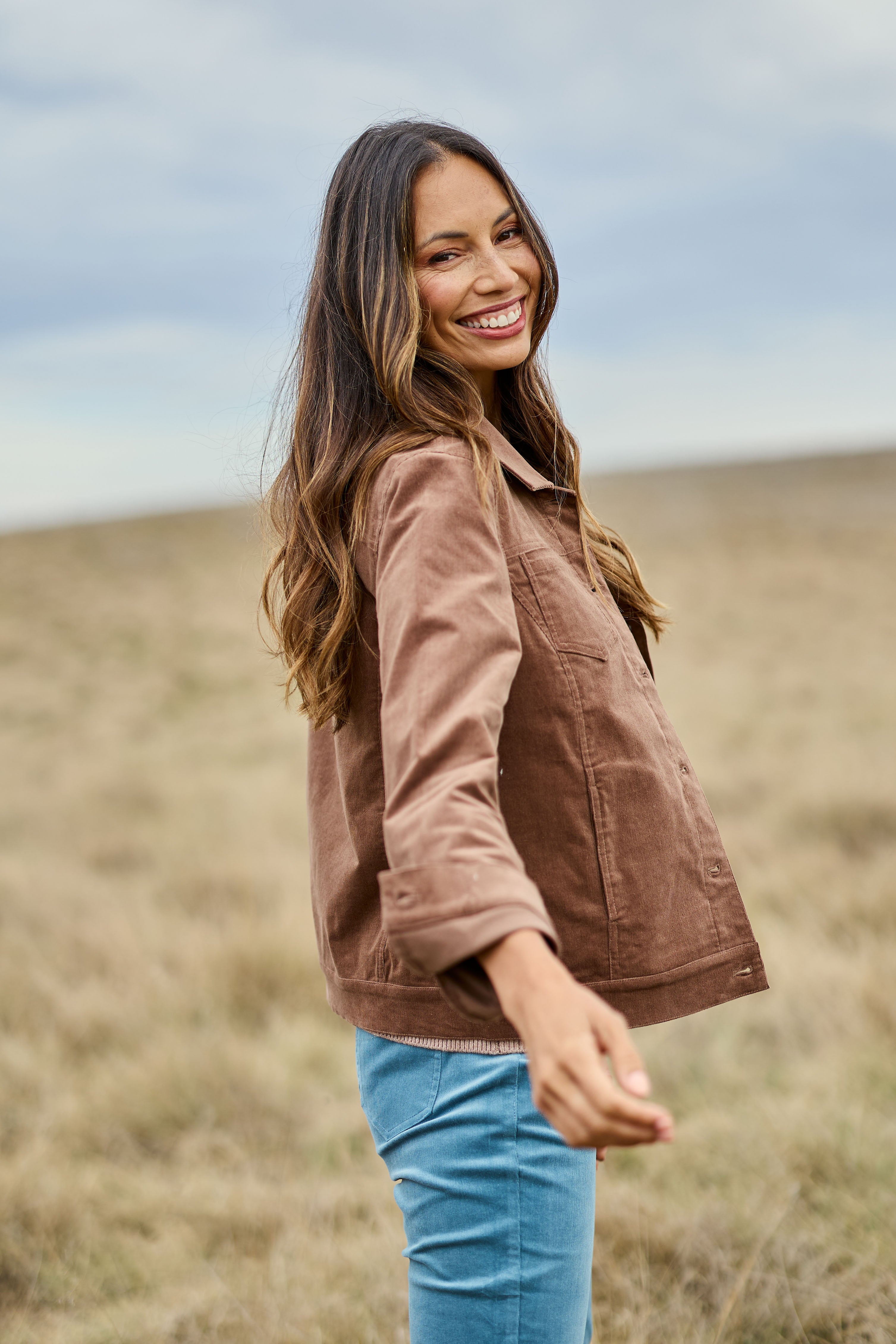 Model Amanda wearing size 10 of The Keepers Cord Jacket in colour Mushroom, from the front, showing the whole outfit
