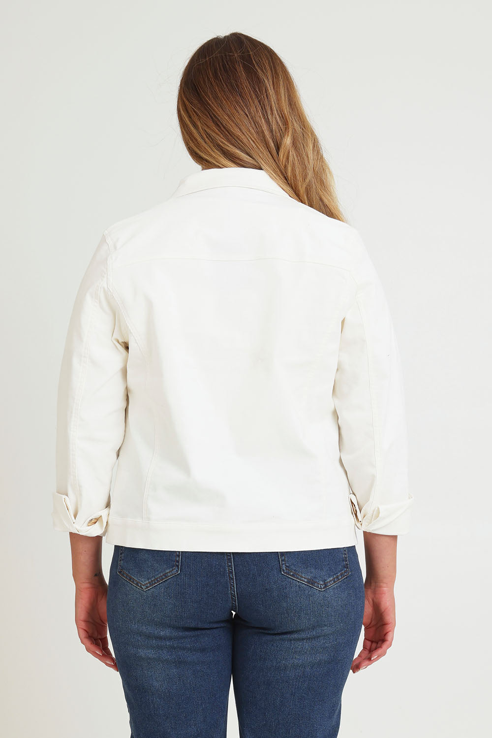 Model Chanel wearing size 16 of The Keepers Cord Jacket in colour Wintersnow (White), from the back