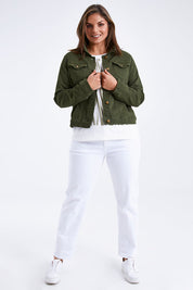 Model Monique wearing size 14 of The Slim Fit Denim Jacket in colour Khaki (Green), from the front, showing the whole outfit
