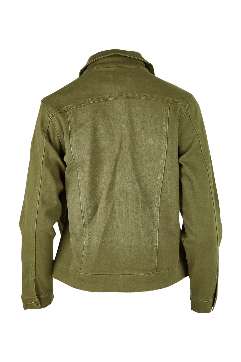 Product shot of The Slim Fit Denim Jacket in colour Khaki (Green), from the back