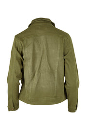 Product shot of The Slim Fit Denim Jacket in colour Khaki (Green), from the back