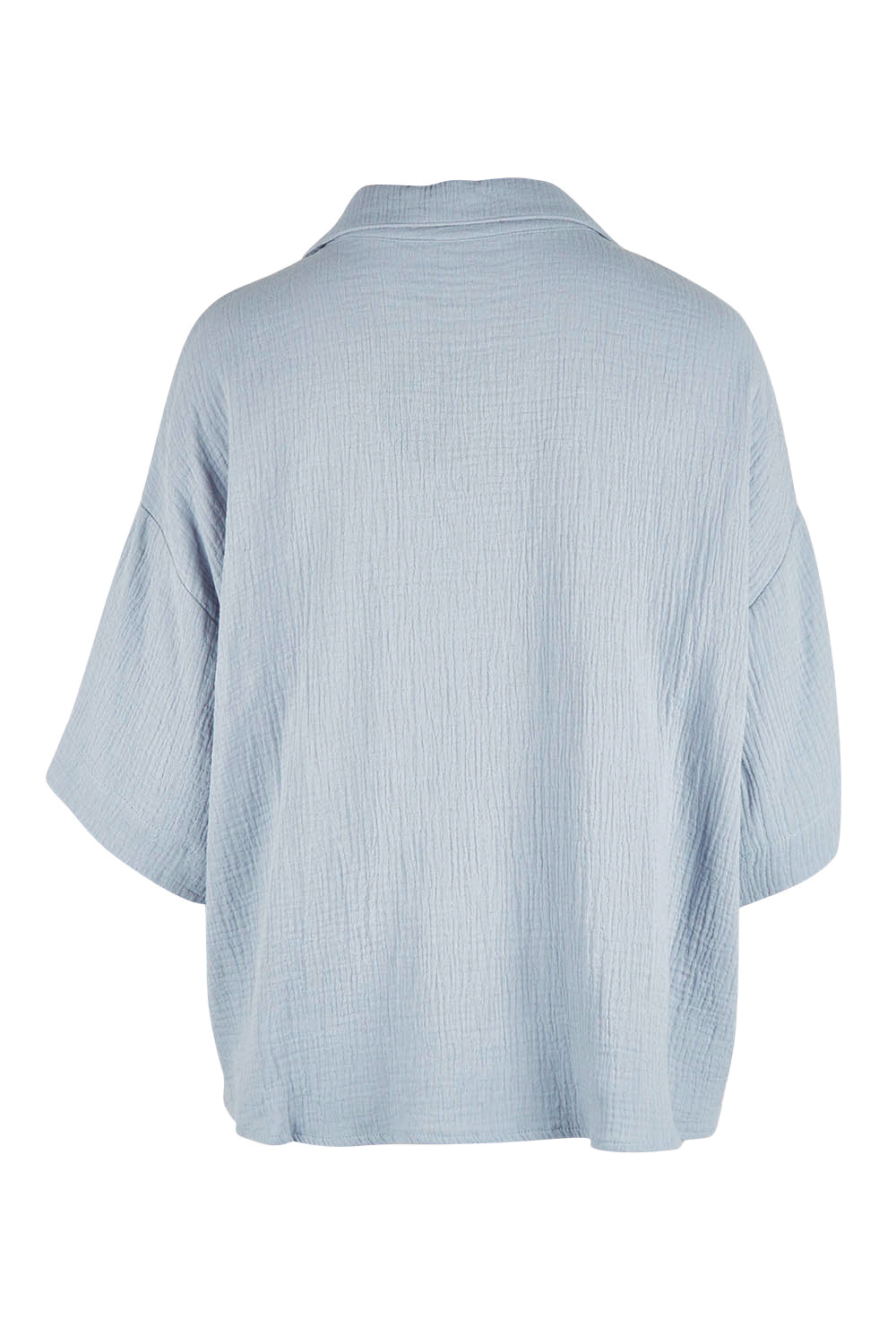 Product shot of The Double Cotton Collar Top in colour Chambray (Blue), from the back
