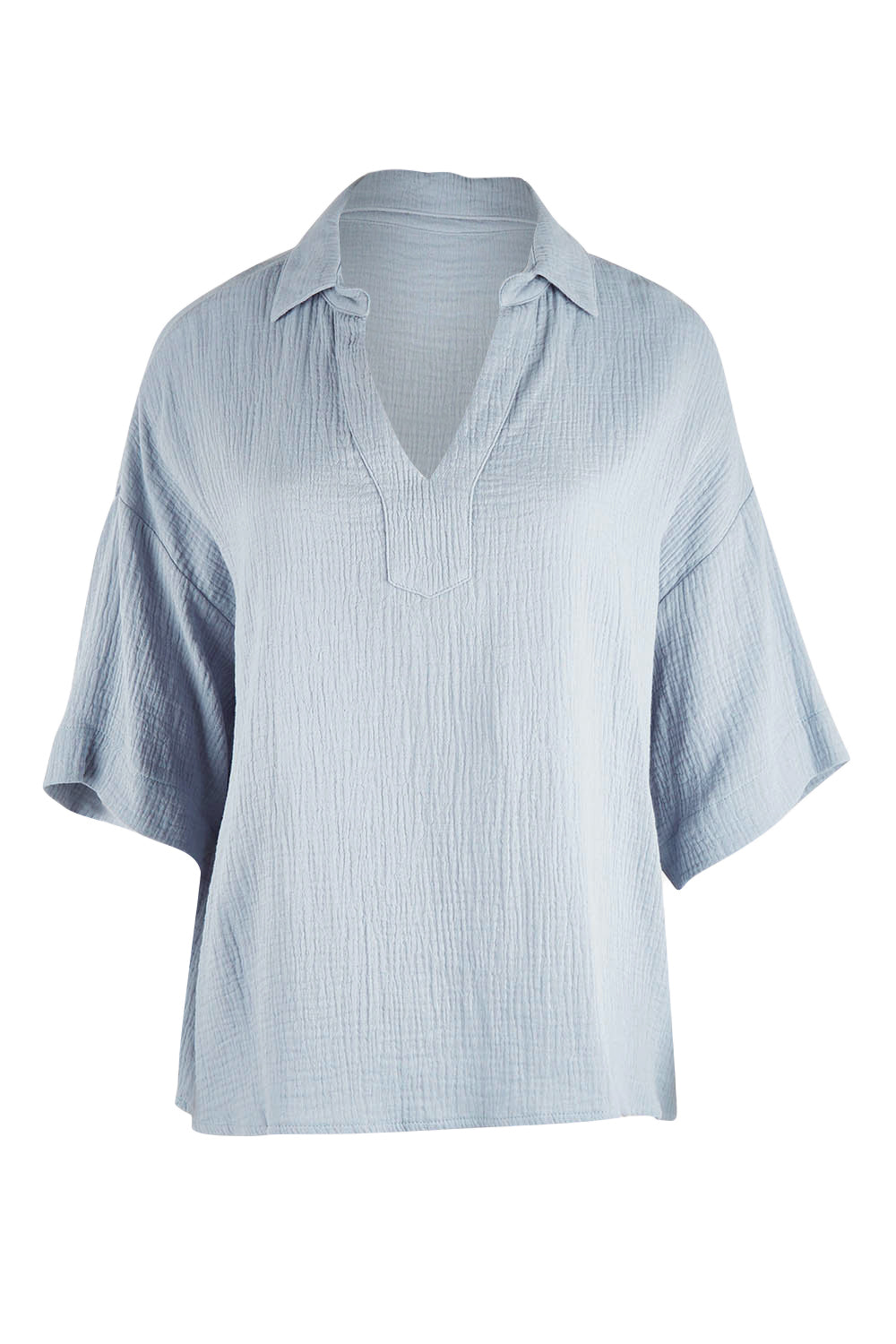 Product shot of The Double Cotton Collar Top in colour Chambray (Blue), from the front