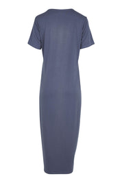 Product shot of The V Neck Bamboo Maxi Dress in colour Dustyblue (Blue), from the back