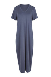 Product shot of The V Neck Bamboo Maxi Dress in colour Dustyblue (Blue), from the front