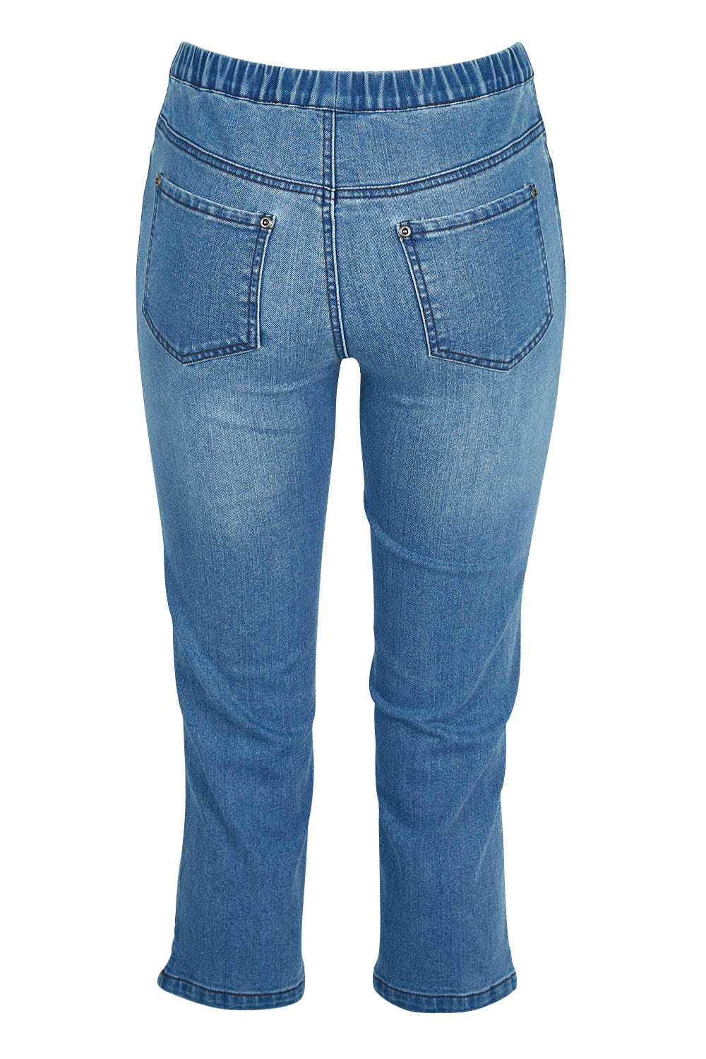 Product shot of The Pull On Denim 3/4 Jean in colour Lightdenim (Blue), from the back