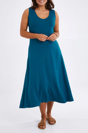 Model Monique wearing size 14 of The Summer Fit & Flare Tank Dress in colour Oceanblue (Blue), from the front, cropped image