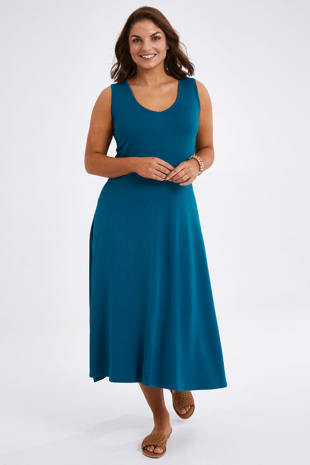 Model Monique wearing size 14 of The Summer Fit & Flare Tank Dress in colour Oceanblue (Blue), from the front, showing the whole outfit