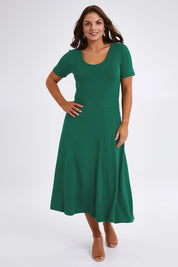 Model Monique wearing size 14 of The Summer Fit & Flare S/S Dress in colour Seagreen (Green), from the front, showing the whole outfit