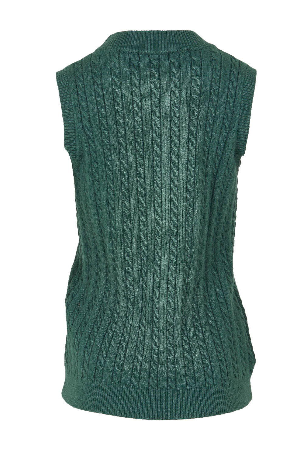 Product shot of The Soft Sleeveless Cable Knit Jumper in colour Bluegrass (Blue), from the back