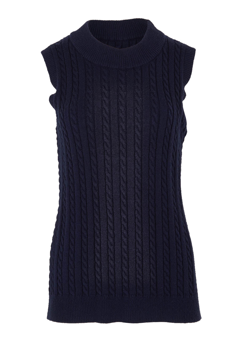 Product shot of The Soft Sleeveless Cable Knit Jumper in colour Richnavy (Blue), from the front
