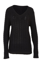Product shot of The V Neck Cable Knit Jumper in colour Black (Black), from the front