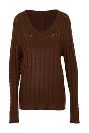Product shot of The V Neck Cable Knit Jumper in colour Coffeebean, from the front