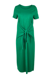 Product shot of The Short Sleeve Tie Waist Dress in colour Emerald (Green), from the front