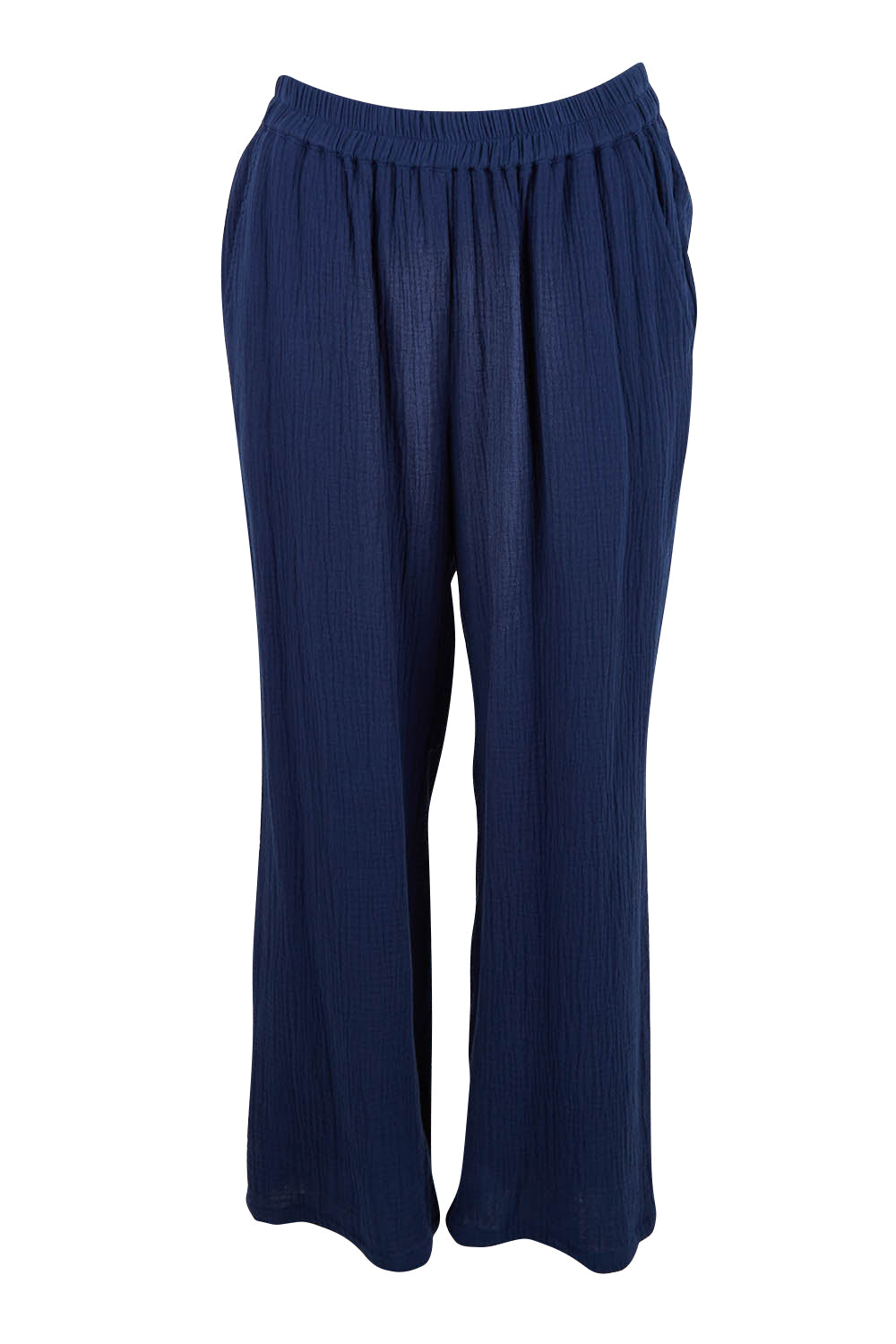Product shot of The Double Cotton Pull On Pant in colour Navy (Blue), from the front