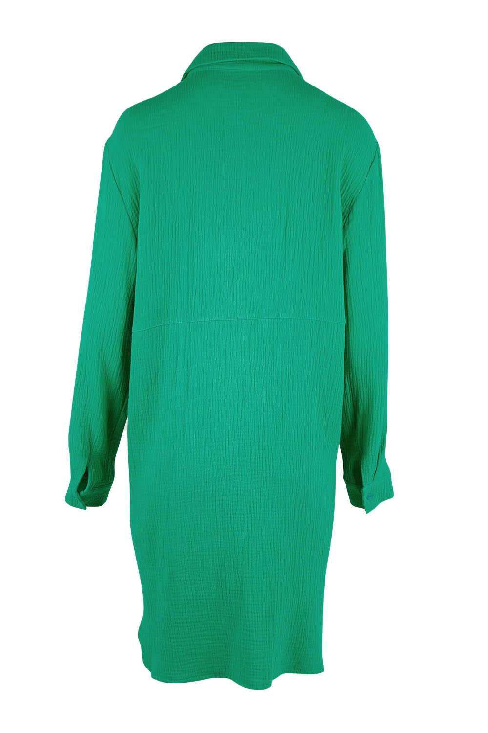 Product shot of The Double Cotton Long Overshirt in colour Emerald (Green), from the back