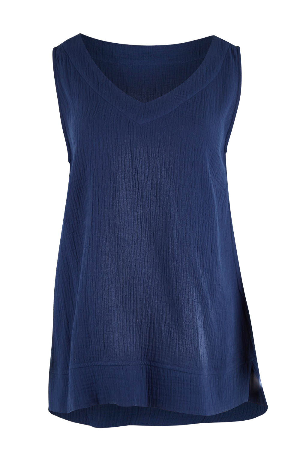 Product shot of The Double Cotton V Tank in colour Navy (Blue), from the front