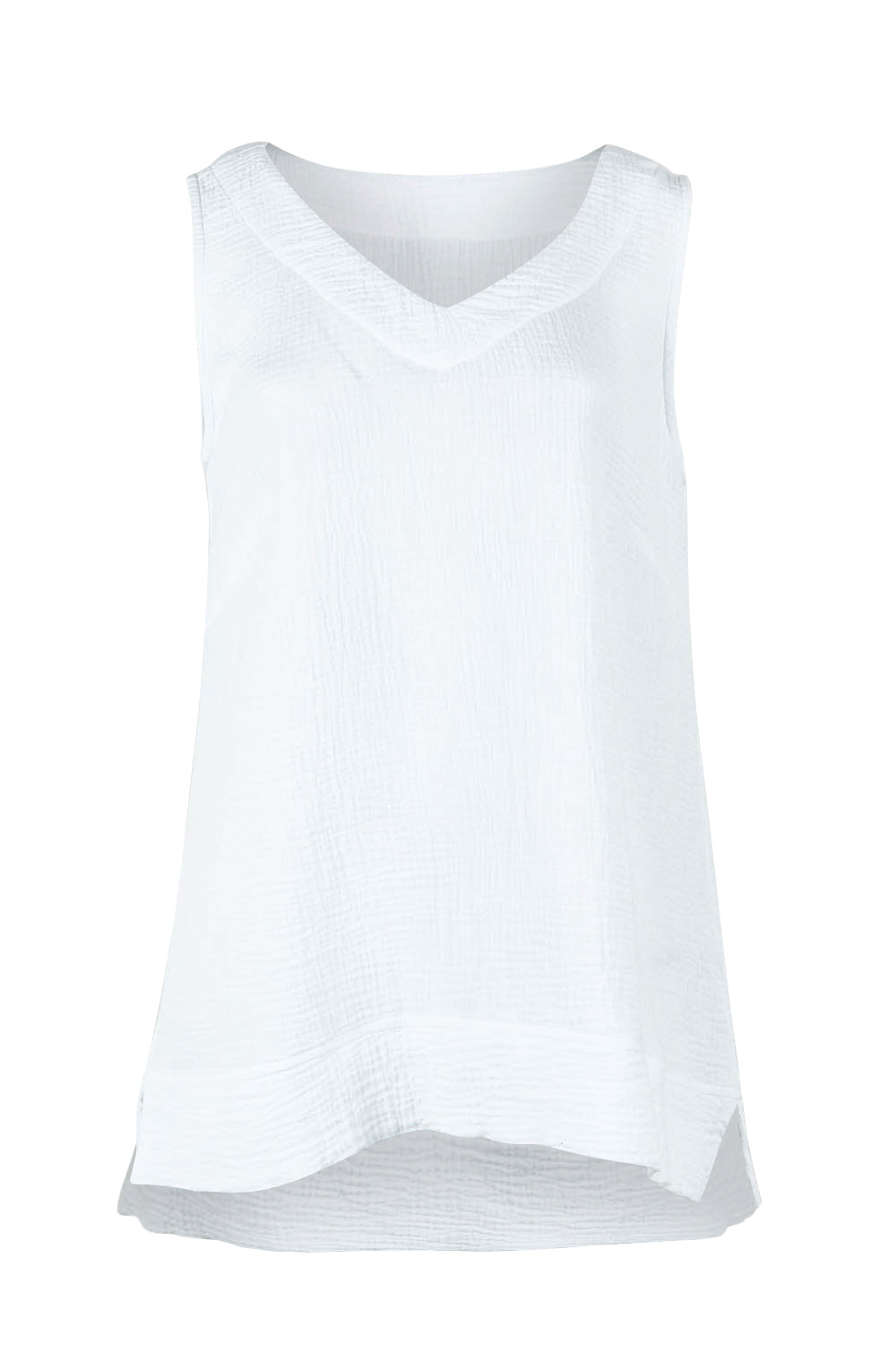 Product shot of The Double Cotton V Tank in colour White (White), from the front